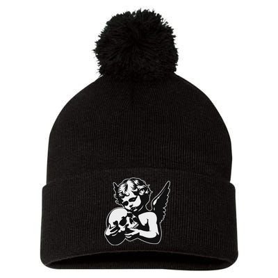 Blackwork Cherub Angel Holding Skull Pom Pom 12in Knit Beanie