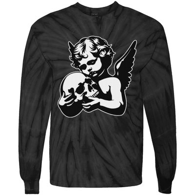 Blackwork Cherub Angel Holding Skull Tie-Dye Long Sleeve Shirt