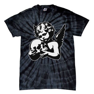 Blackwork Cherub Angel Holding Skull Tie-Dye T-Shirt