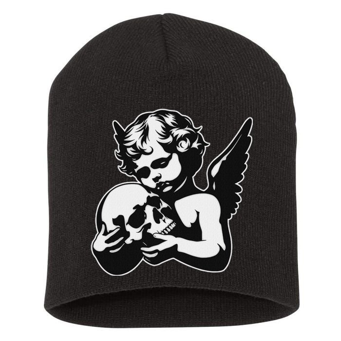 Blackwork Cherub Angel Holding Skull Short Acrylic Beanie