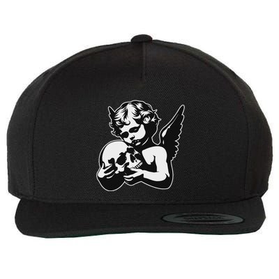 Blackwork Cherub Angel Holding Skull Wool Snapback Cap