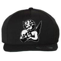 Blackwork Cherub Angel Holding Skull Wool Snapback Cap