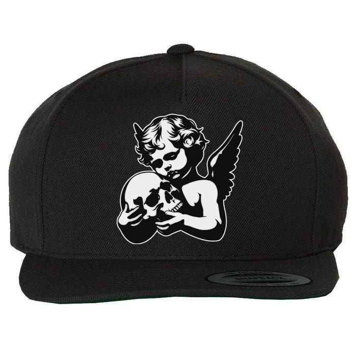 Blackwork Cherub Angel Holding Skull Wool Snapback Cap