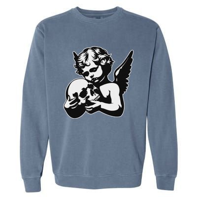 Blackwork Cherub Angel Holding Skull Garment-Dyed Sweatshirt