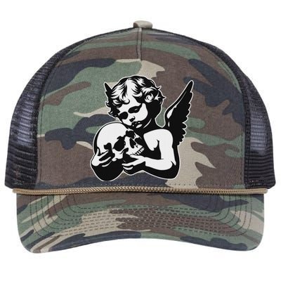 Blackwork Cherub Angel Holding Skull Retro Rope Trucker Hat Cap