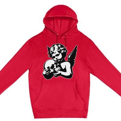 Blackwork Cherub Angel Holding Skull Premium Pullover Hoodie