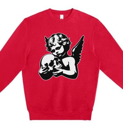 Blackwork Cherub Angel Holding Skull Premium Crewneck Sweatshirt