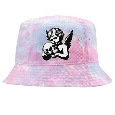 Blackwork Cherub Angel Holding Skull Tie-Dyed Bucket Hat