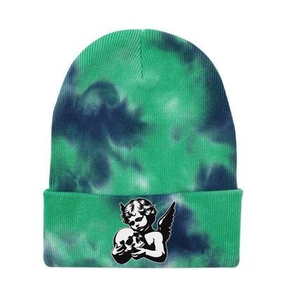 Blackwork Cherub Angel Holding Skull Tie Dye 12in Knit Beanie