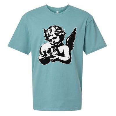 Blackwork Cherub Angel Holding Skull Sueded Cloud Jersey T-Shirt