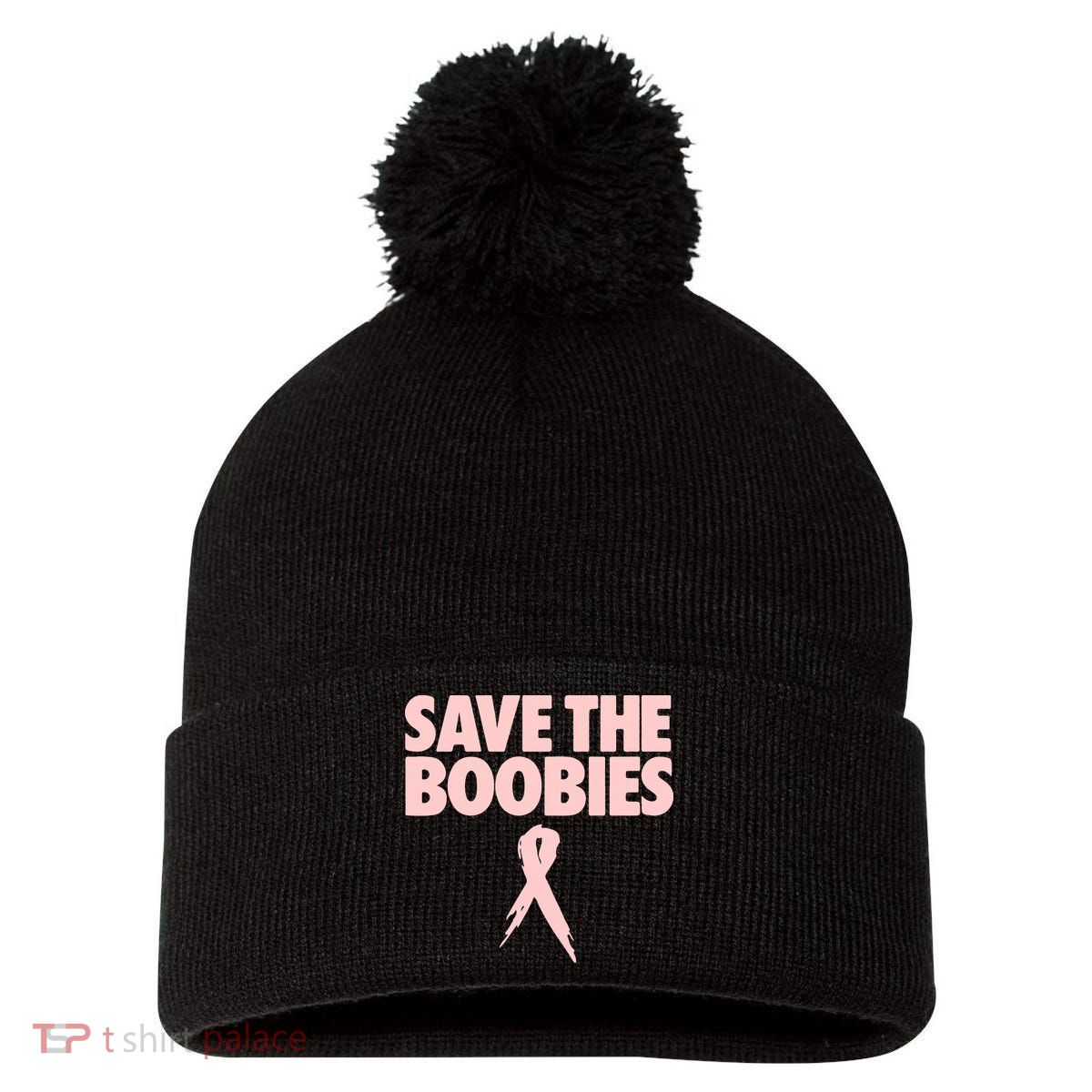 Breast Cancer Awareness SAVE THE BOOBIES Pink Ribbon Halloween Pom Pom 12in Knit Beanie