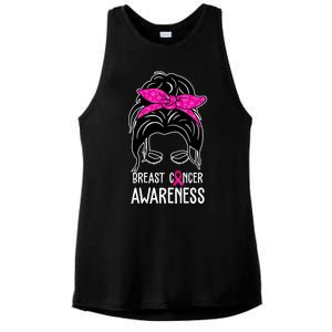 Breast Cancer Awareness Hair Bun Pink Ribbon Ladies PosiCharge Tri-Blend Wicking Tank