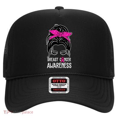 Breast Cancer Awareness Hair Bun Pink Ribbon High Crown Mesh Back Trucker Hat