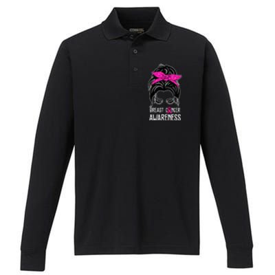 Breast Cancer Awareness Hair Bun Pink Ribbon Performance Long Sleeve Polo