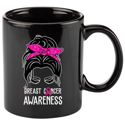 Breast Cancer Awareness Hair Bun Pink Ribbon 11oz C Handle Ceramic Mug