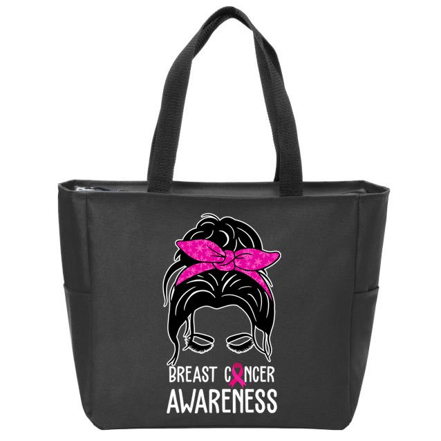 Breast Cancer Awareness Hair Bun Pink Ribbon Zip Tote Bag