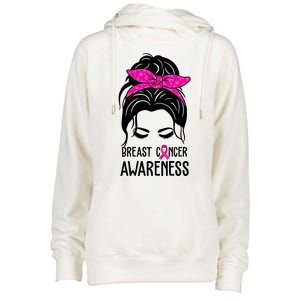 Breast Cancer Awareness Hair Bun Pink Ribbon Womens Funnel Neck Pullover Hood