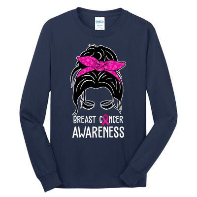 Breast Cancer Awareness Hair Bun Pink Ribbon Tall Long Sleeve T-Shirt