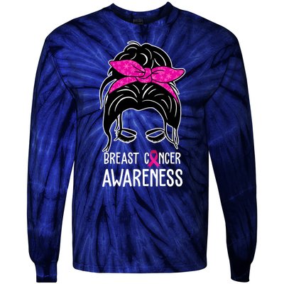 Breast Cancer Awareness Hair Bun Pink Ribbon Tie-Dye Long Sleeve Shirt