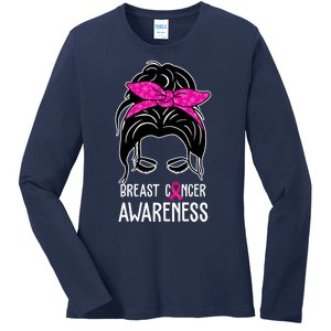 Breast Cancer Awareness Hair Bun Pink Ribbon Ladies Long Sleeve Shirt