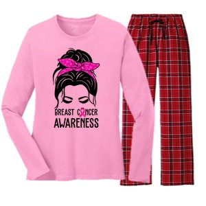 Breast Cancer Awareness Hair Bun Pink Ribbon Women's Long Sleeve Flannel Pajama Set 