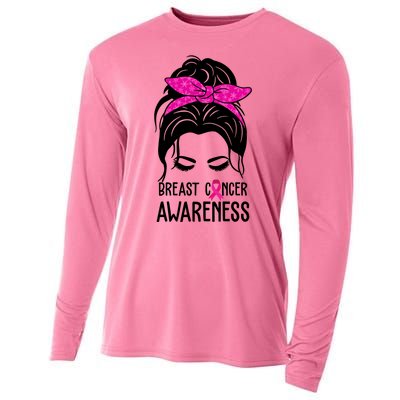 Breast Cancer Awareness Hair Bun Pink Ribbon Cooling Performance Long Sleeve Crew