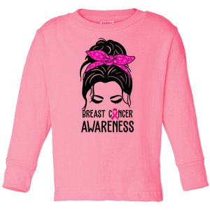 Breast Cancer Awareness Hair Bun Pink Ribbon Toddler Long Sleeve Shirt