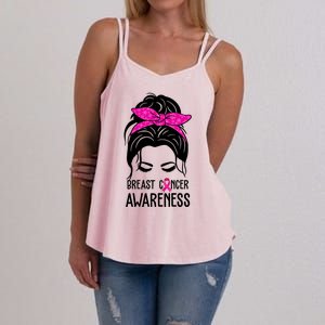 Breast Cancer Awareness Hair Bun Pink Ribbon Women's Strappy Tank