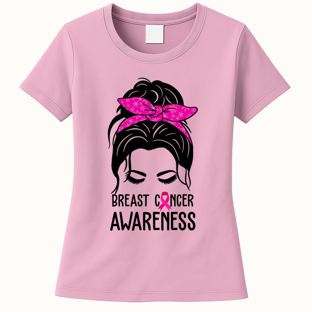 Breast Cancer Awareness Hair Bun Pink Ribbon Womens T-Shirt