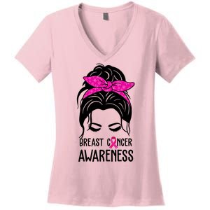 Breast Cancer Awareness Hair Bun Pink Ribbon Women's V-Neck T-Shirt