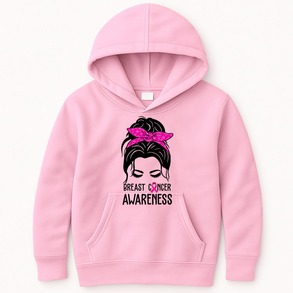 Breast Cancer Awareness Hair Bun Pink Ribbon Kids Hoodie