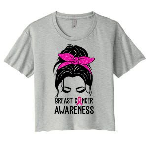 Breast Cancer Awareness Hair Bun Pink Ribbon Women's Crop Top Tee