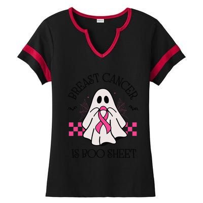 Breast Cancer Awareness Ribbon Boo Sheet Halloween Ghost Ladies Halftime Notch Neck Tee