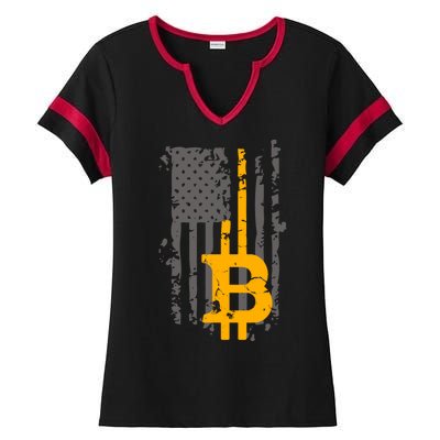 Bitcoin Crypto American Flag Gold Thin Line Ladies Halftime Notch Neck Tee