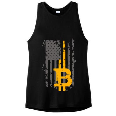 Bitcoin Crypto American Flag Gold Thin Line Ladies PosiCharge Tri-Blend Wicking Tank