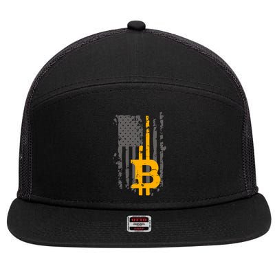 Bitcoin Crypto American Flag Gold Thin Line 7 Panel Mesh Trucker Snapback Hat