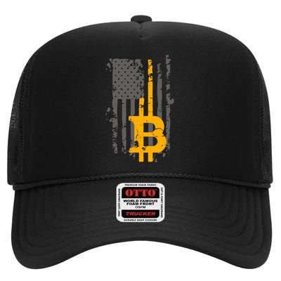 Bitcoin Crypto American Flag Gold Thin Line High Crown Mesh Back Trucker Hat