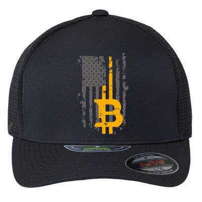 Bitcoin Crypto American Flag Gold Thin Line Flexfit Unipanel Trucker Cap