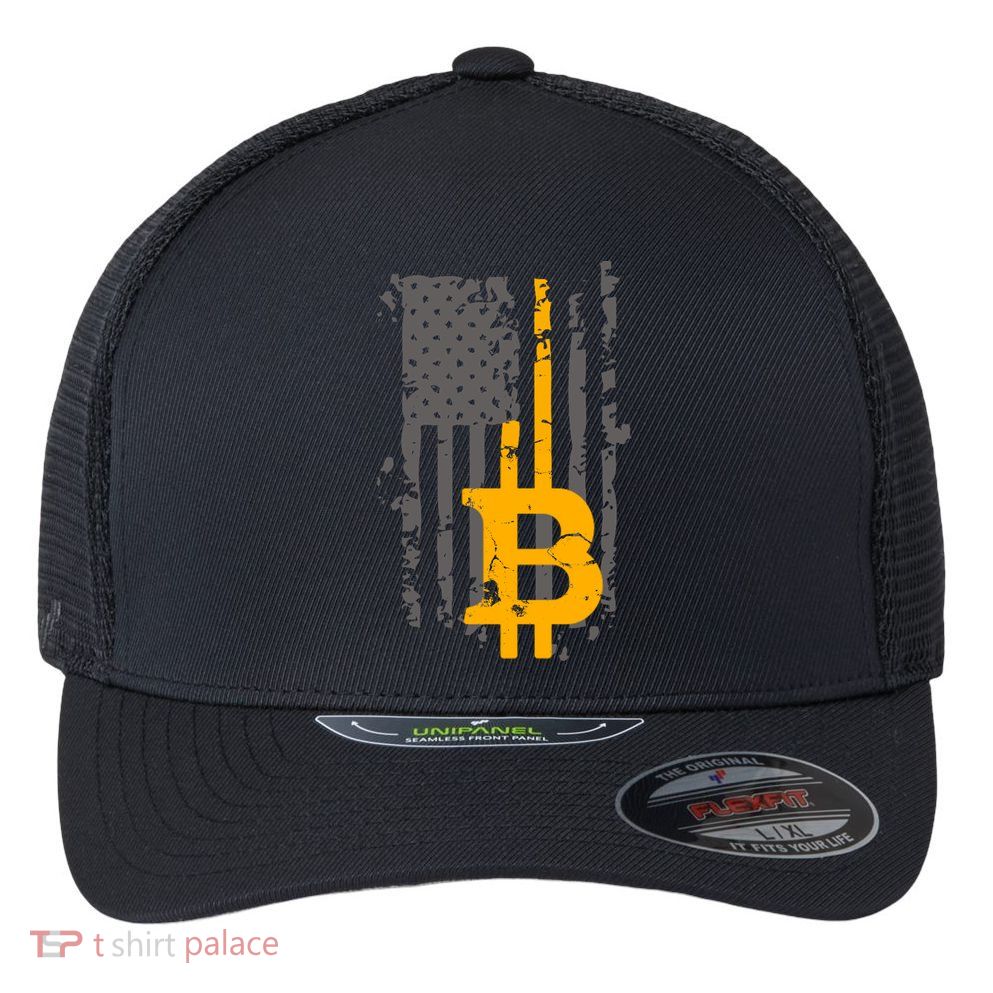 Bitcoin Crypto American Flag Gold Thin Line Flexfit Unipanel Trucker Cap