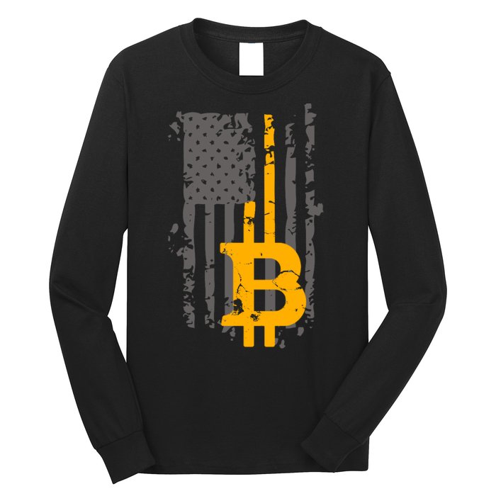 Bitcoin Crypto American Flag Gold Thin Line Long Sleeve Shirt