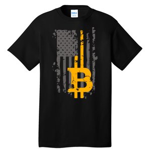 Bitcoin Crypto American Flag Gold Thin Line Tall T-Shirt