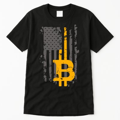 Bitcoin Crypto American Flag Gold Thin Line Tall T-Shirt