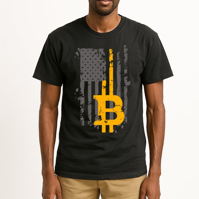 Bitcoin Crypto American Flag Gold Thin Line Tall T-Shirt
