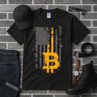 Bitcoin Crypto American Flag Gold Thin Line Tall T-Shirt