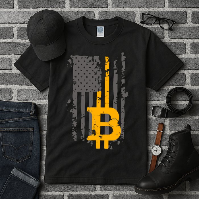 Bitcoin Crypto American Flag Gold Thin Line Tall T-Shirt