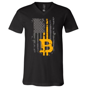 Bitcoin Crypto American Flag Gold Thin Line V-Neck T-Shirt