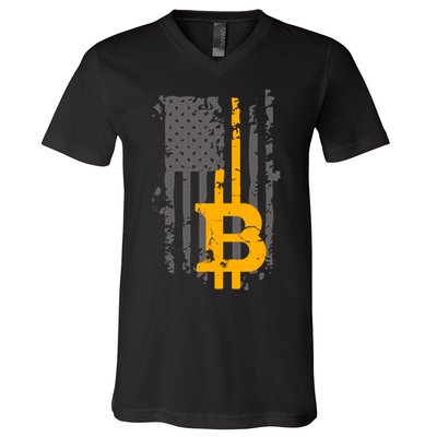 Bitcoin Crypto American Flag Gold Thin Line V-Neck T-Shirt