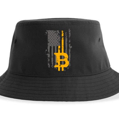 Bitcoin Crypto American Flag Gold Thin Line Sustainable Bucket Hat