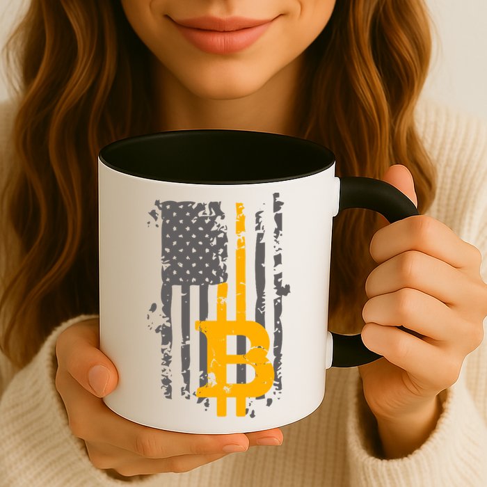 Bitcoin Crypto American Flag Gold Thin Line Mug