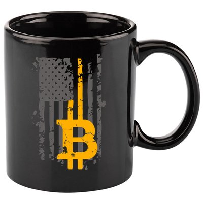 Bitcoin Crypto American Flag Gold Thin Line 11oz C Handle Ceramic Mug